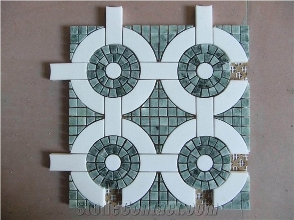 China White, Dark Green Water-Jet Marble Mosaics
