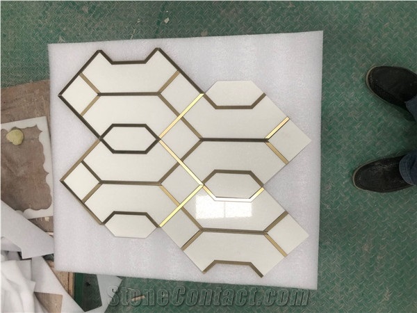China White with Metal Waterjet Marble Mosaic Tile