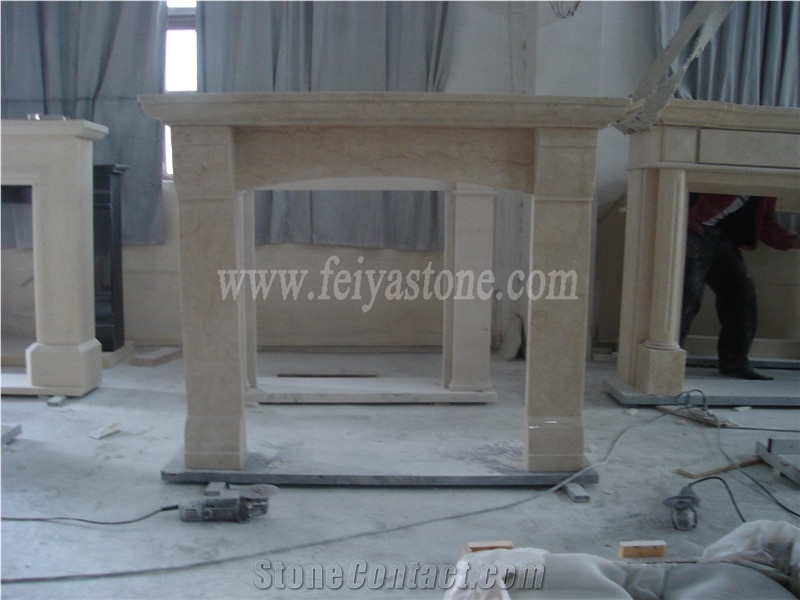 Hand Carved Marble Fireplace in Beige Color