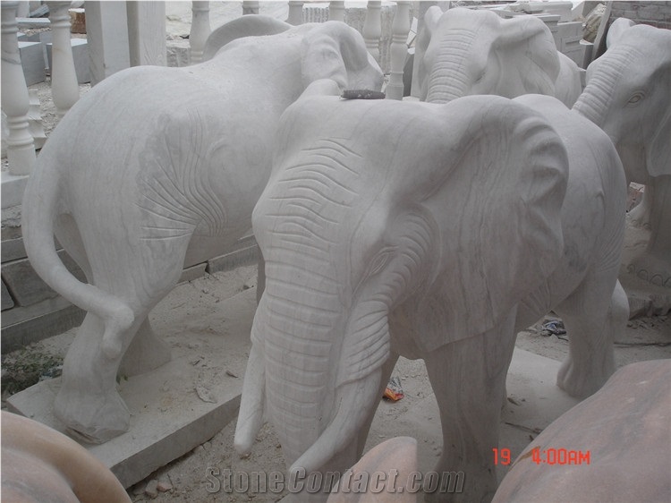 Life-Size White Marble Elephant Statue