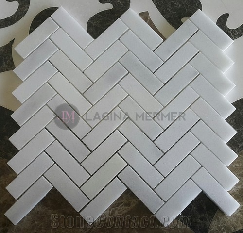 Polished 1"X 3" White Marble Herringbone Mosaics