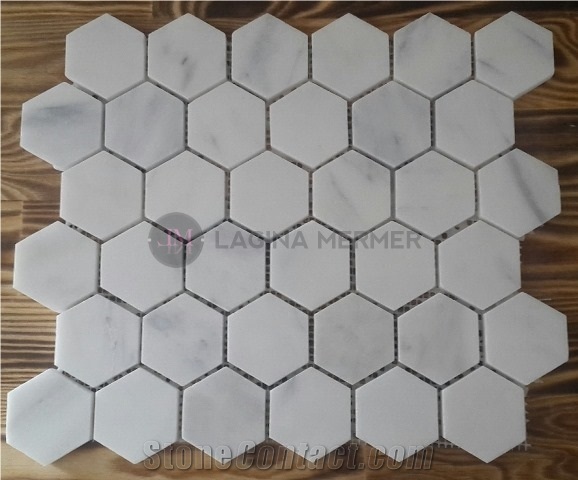 Polished 2" White Marble Hexagon Mosaics