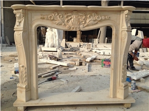 Beige Marble Fireplace Mantel Handcarved Column ,Customized Fireplace Hearth