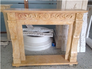 Beige Marble Fireplace Mantel Handcarved Column ,Customized Fireplace Hearth