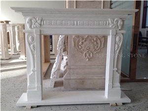 Bianco Carrara White Marble Fireplace Mantel,Fireplace Hearth Covering,Handcarving Flower Design