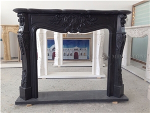 Black Marble Fireplace Mantel,Fireplace Hearth Handcarving Flower Design