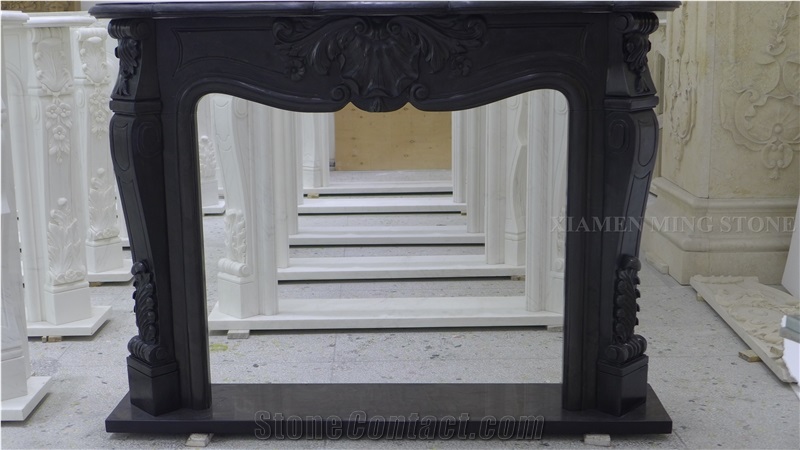 Black Marble Fireplace Mantel,Fireplace Hearth Handcarving Flower Design