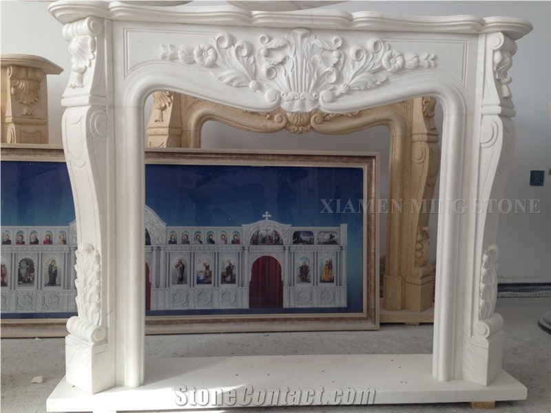 White Marble Sculptured Fireplace Hearth