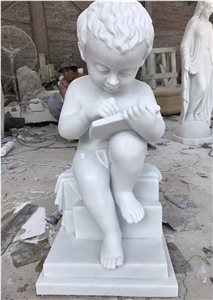 Reading Book Kid Sculpture White Marble Carved