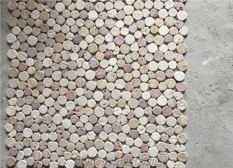 Multicolor Travertine Round Pebble Stone Mosaic