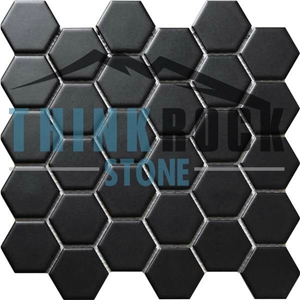 Pure Black Ceramic Hexagon Mosaic Tiles