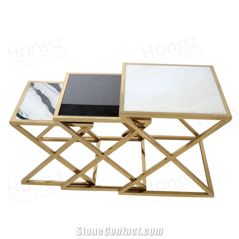 Panda White Marble Coffee Table with Metal Frame