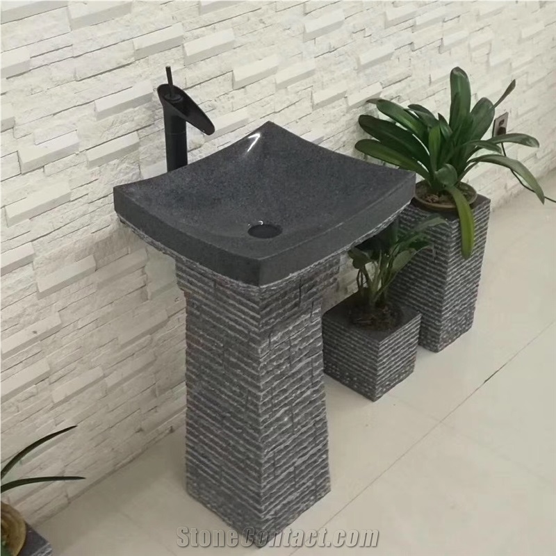 Black Nature Stone Pedestal Sink Dark Grey Granite