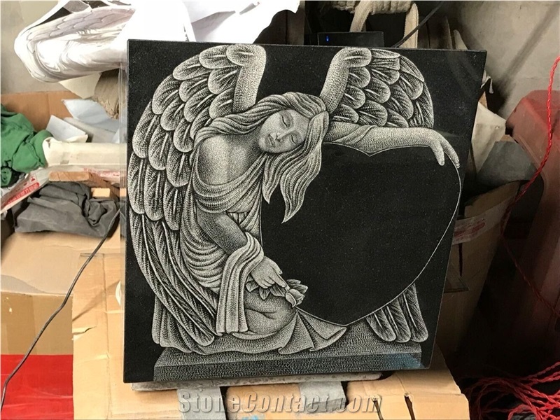 Angel Engraving Etching Black Granite Monument