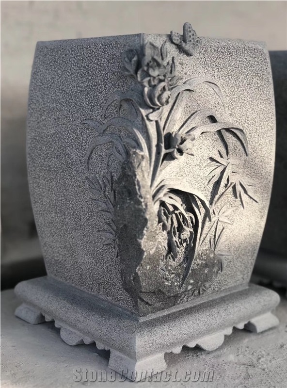 Handcarved Grey Granite Flower Pot with Sculpture