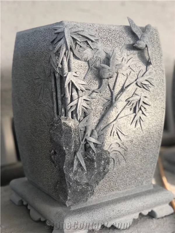 Handcarved Grey Granite Flower Pot with Sculpture