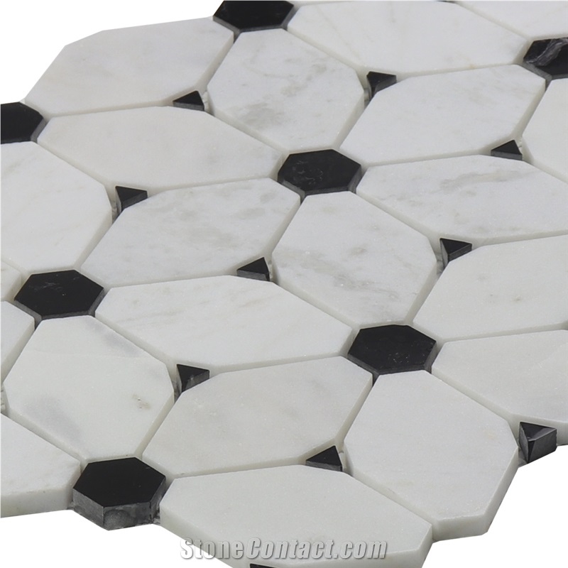 Nero Marquina Black and White Flower Mosaic Tile
