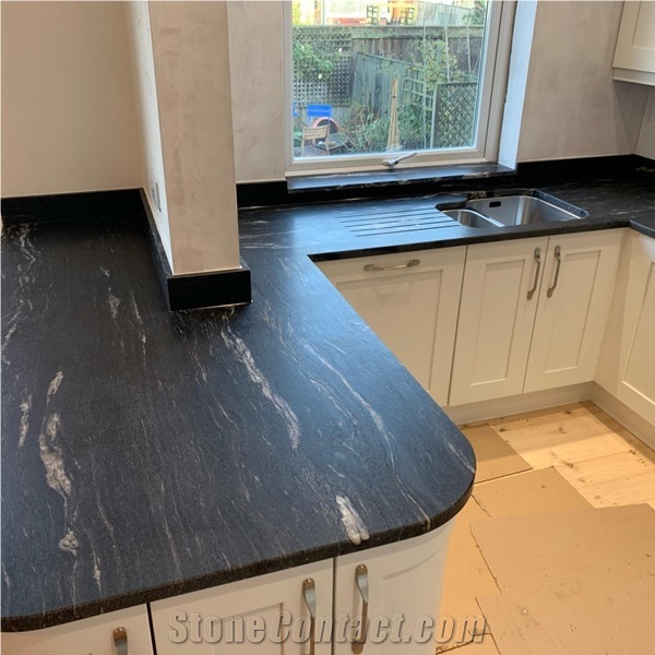 Leathered Cosmic Black Granite Kitchen Top Surface