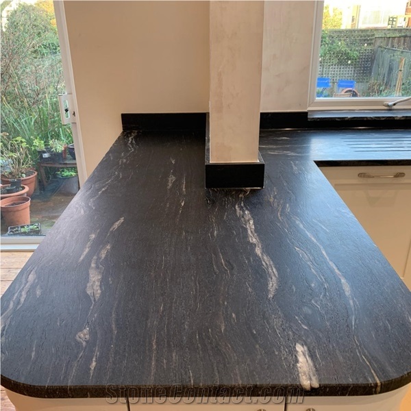 Leathered Cosmic Black Granite Kitchen Top Surface