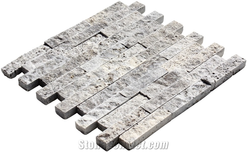 Silver Travertine Split Face 23x10 Linear Strips Wall Mosaic