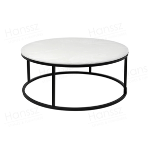 Round White Onyx Coffee Table with Black Metal Leg