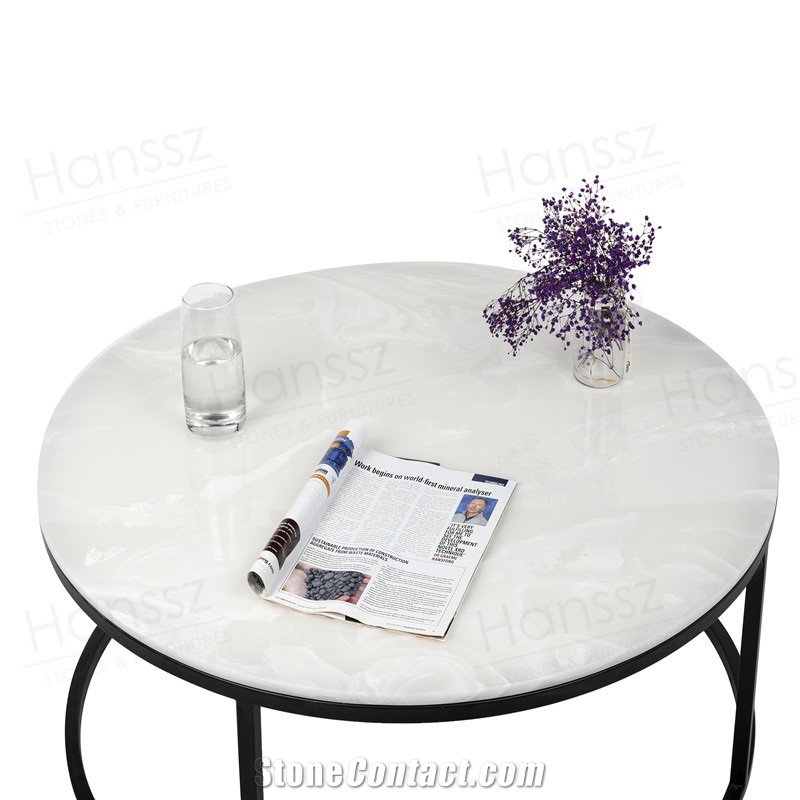 Round White Onyx Coffee Table with Black Metal Leg