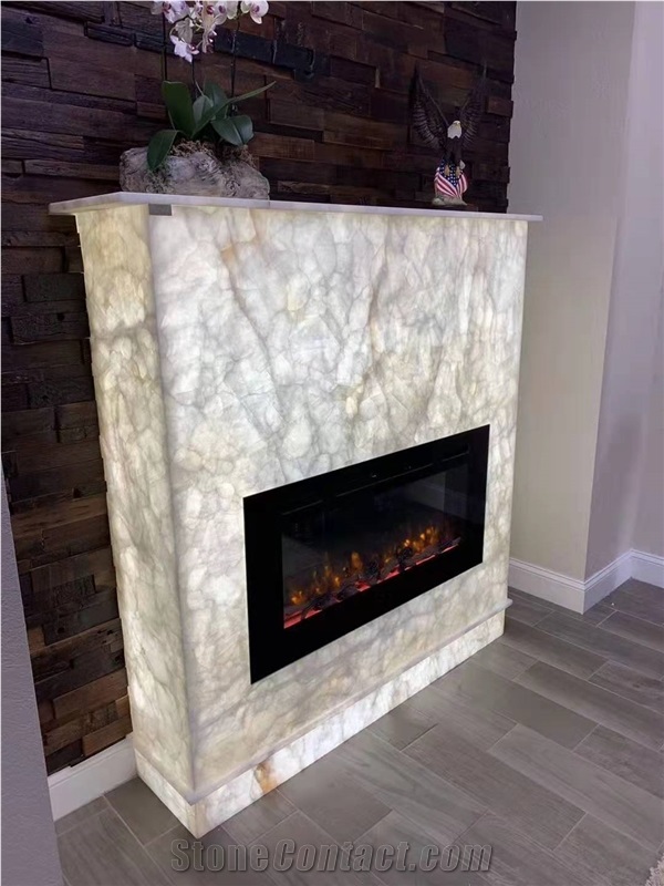 Translucent White Onyx Modern Style Fireplace