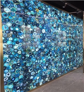 Backlit Blue Agate Gemstone Slabs Wall Panels