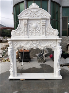 White Marble Masonry Fireplace Heaters Flower Sculptured