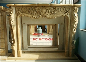 Yellow Marble Fireplace Mantel with Column Covering for Villa,Interior Stone Simple Design
