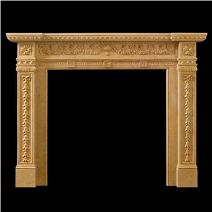 Yellow Marble Fireplace Mantel with Column Covering for Villa,Interior Stone Simple Design