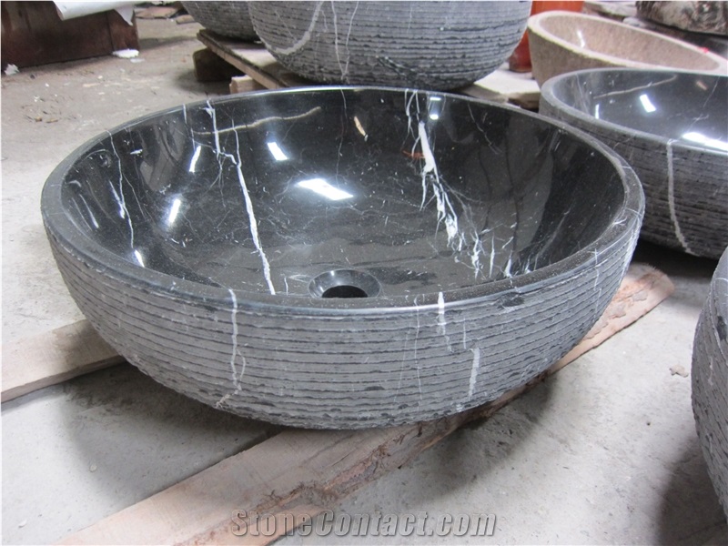 China Black Marquina Marble Round Sinks Basins