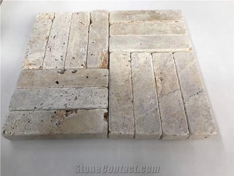 Beige Travertine Cladding Brick Stacked Stones