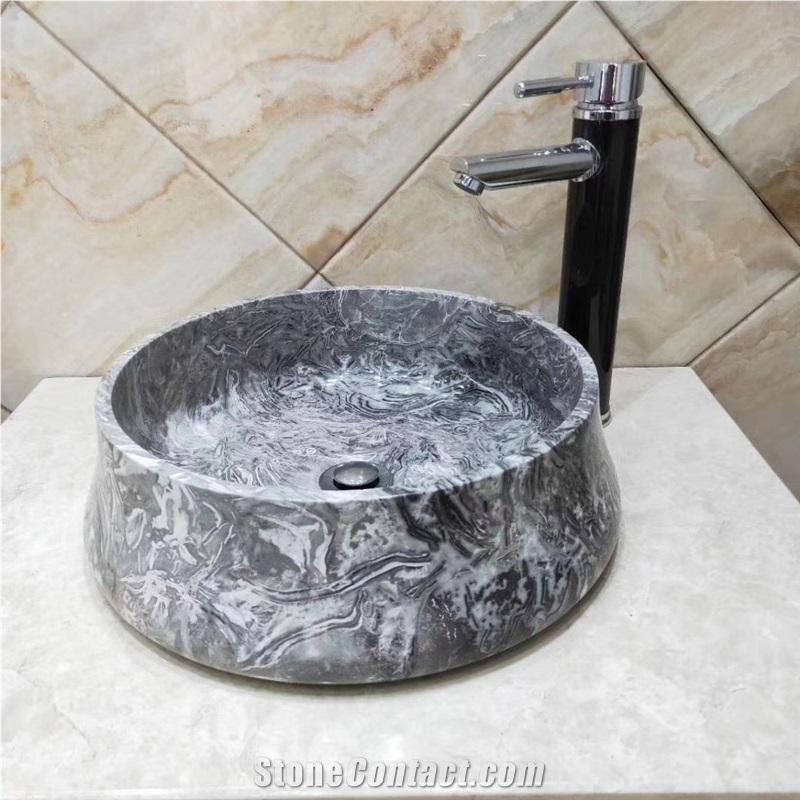Bawang Flower Grey Marble Round Stone Basin Sink