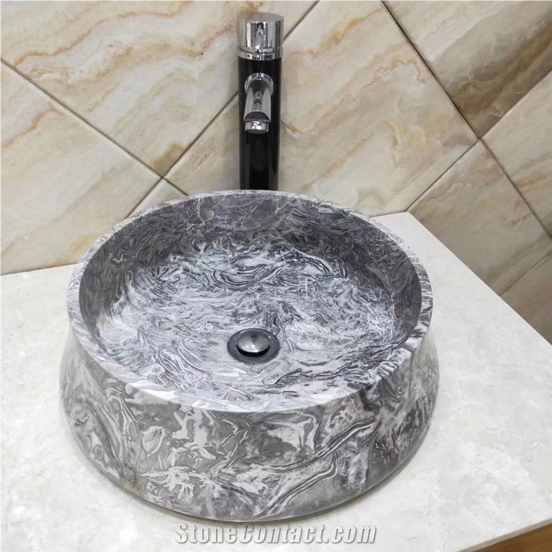 Bawang Flower Grey Marble Round Stone Basin Sink
