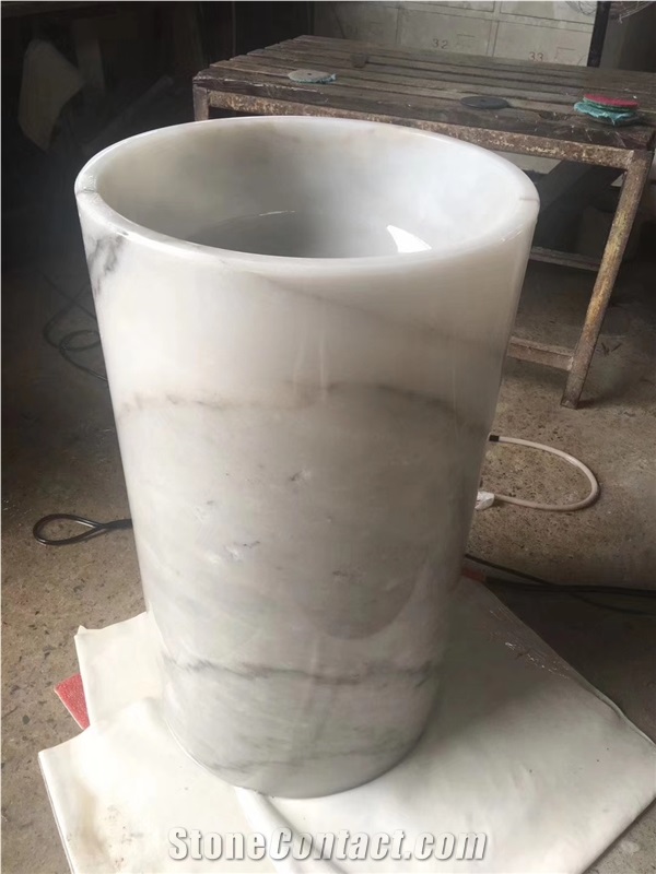 Carrara White Marble Round Pedestal Basin Sink