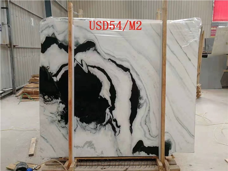 China Panda White Landscape Paintings White Marble Slab