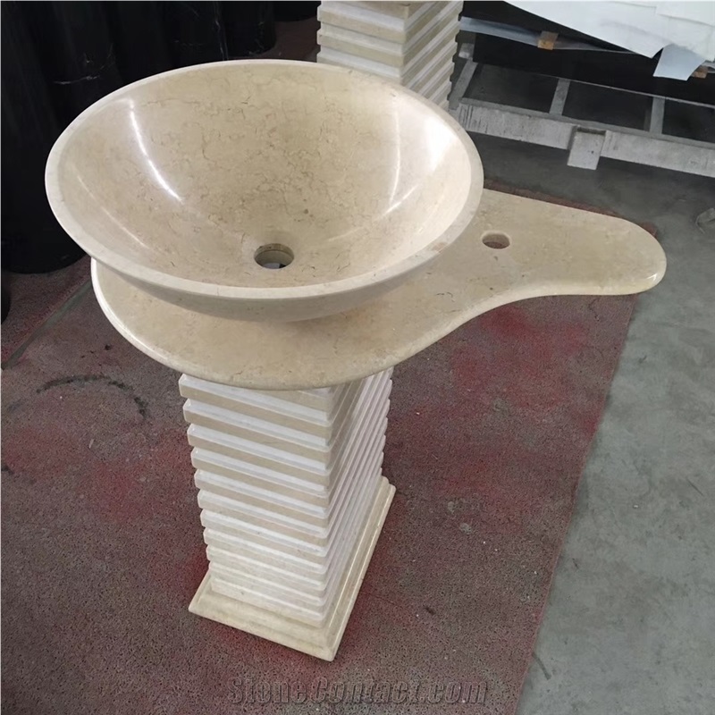 Crema Marfil Beige Marble Pedestal Basin Sink Bowl