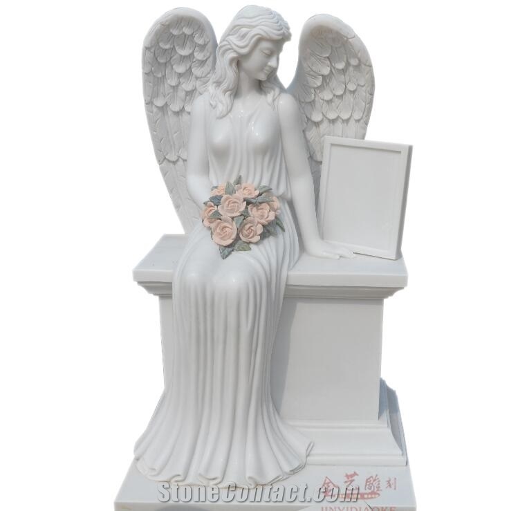 Pure White Marble Angel Sculpture Tombstone Statue