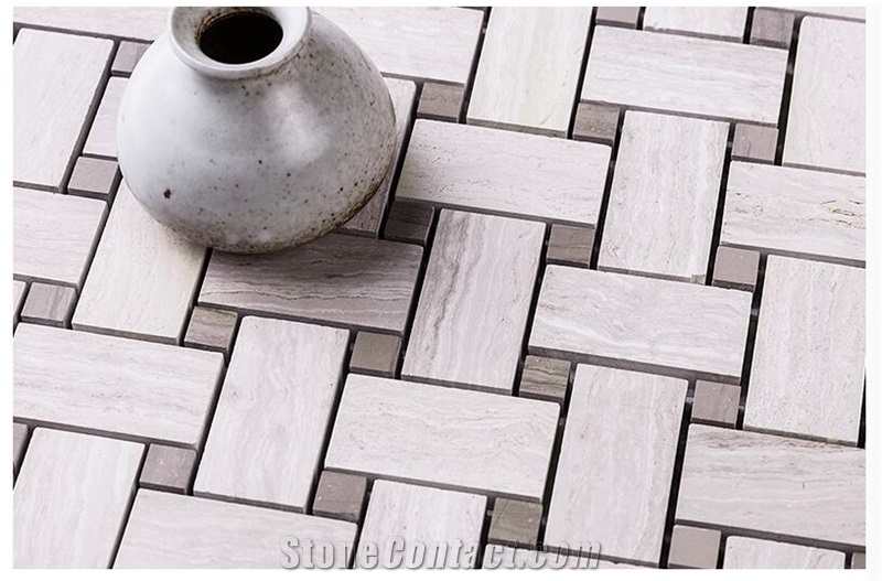 White and Grey Wooden Marble Stone Wall Mosaic