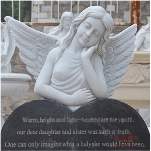 White Black Stone Angel Sculpture for Tombstone