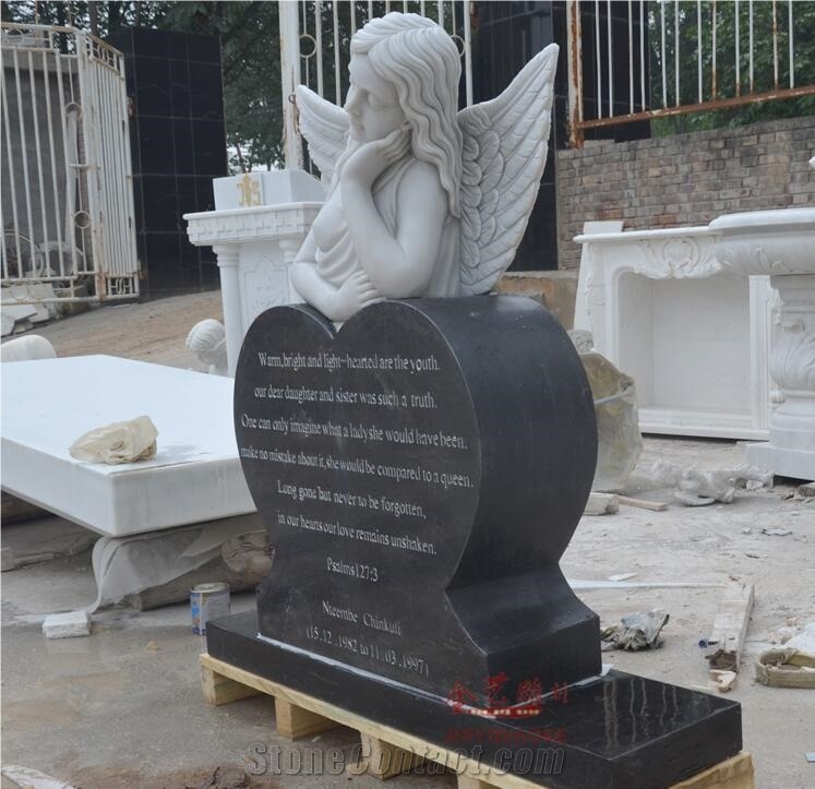 White Black Stone Memorial Sculpture Angel Statue