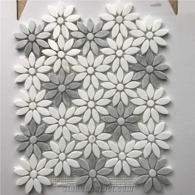 White Grey Marble Flower Shape Wall Stone Mosaic