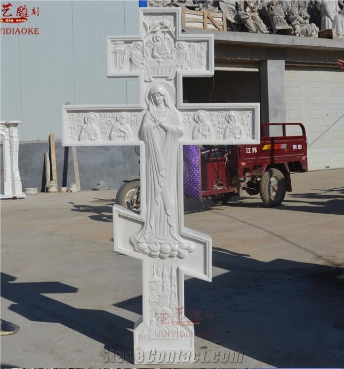White Marble Stone Christian Cross Sculpture