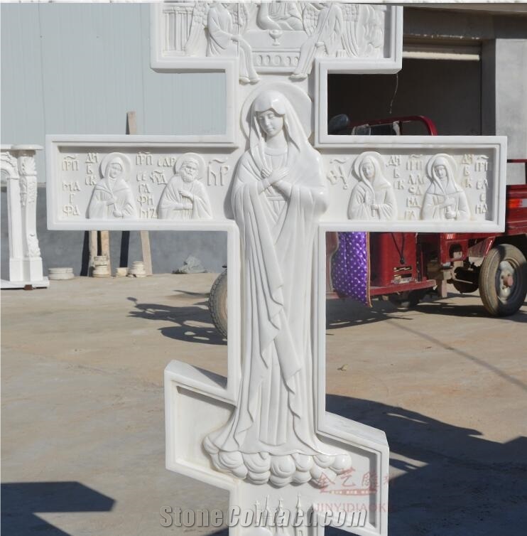 White Marble Stone Christian Cross Sculpture