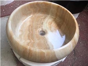 Yellow Wooden Onyx Natural Stone Round Sink Basin