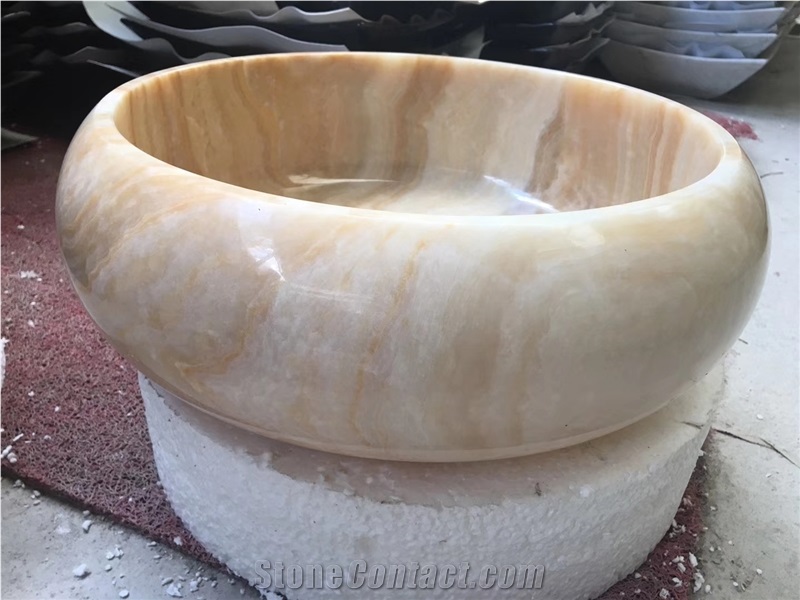 Yellow Wooden Onyx Natural Stone Round Sink Basin