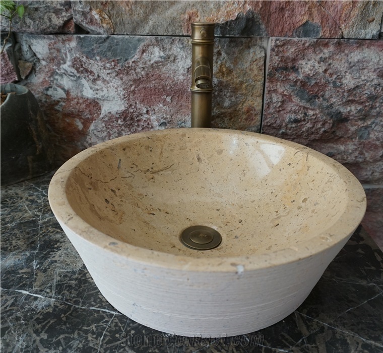 Beige Limestone Round Basin Unique Bathroom Sinks