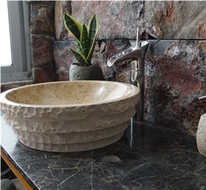 Beige Limestone Round Basin Unique Bathroom Sinks