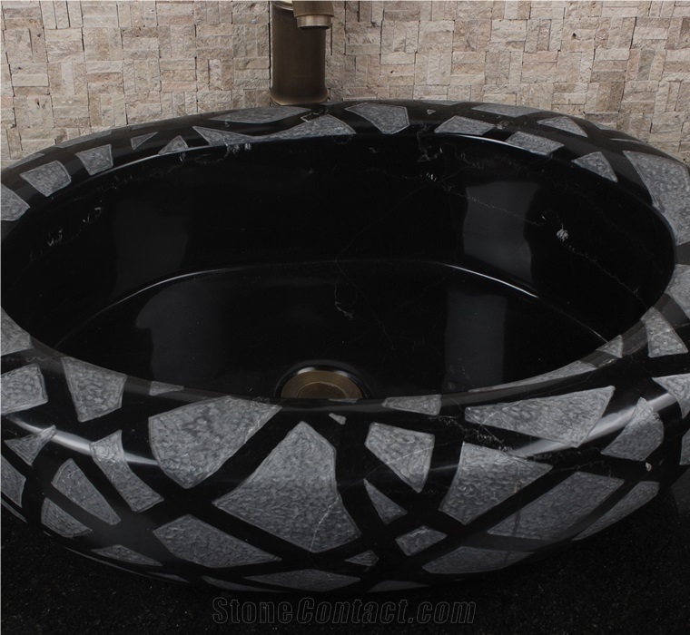 Round Shape Black Vein Stone Wash Basin Type